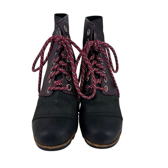 Sorel PDX Lace up Wedge Lexie Wedge Maroon Black Leather Canvas - Picture 2 of 5